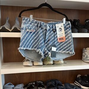 Diesel Logo Print Blue Jean Shorts